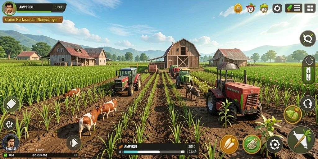 Tampilan gameplay AMPER88 yang menampilkan kebun yang subur dan penuh warna.