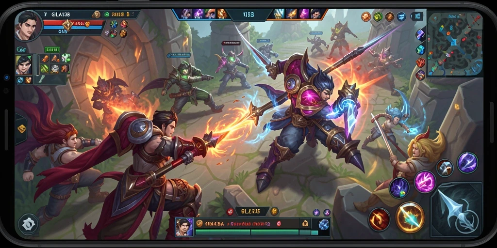 Screenshot GILA138 menampilkan pertarungan tim yang intens dalam arena MOBA.