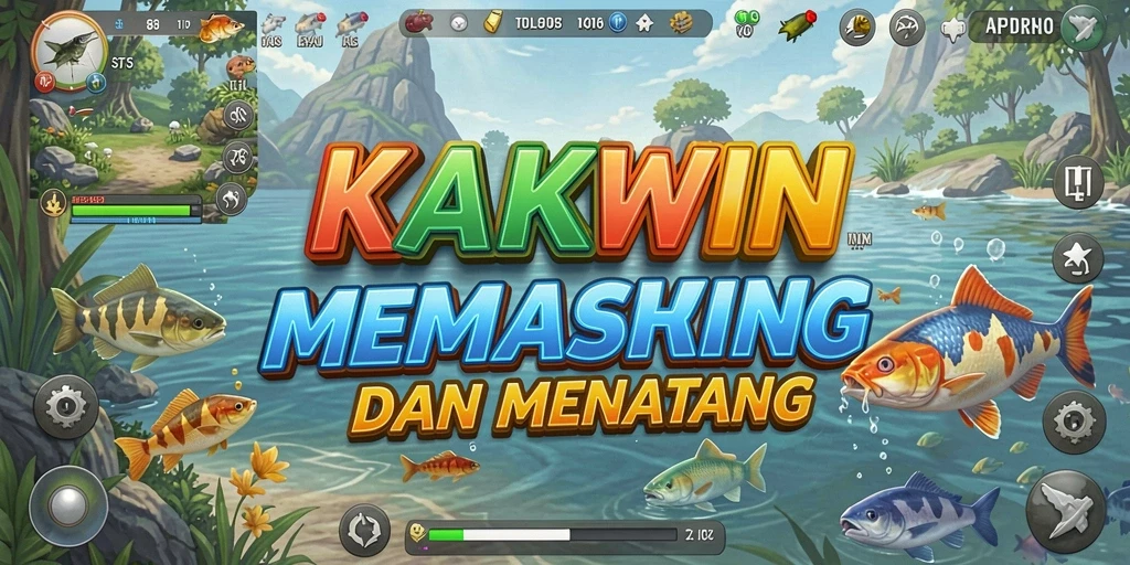 Screenshot menunjukkan pemain KAKWIN yang sedang memancing dengan latar belakang pemandangan laut.