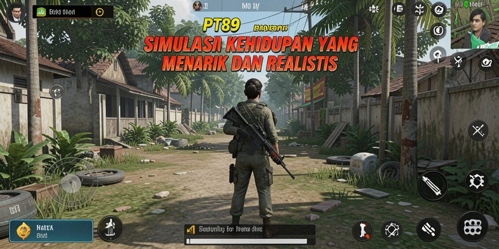 Screenshot utama PT89 menunjukkan karakter yang sedang menjelajahi kota.