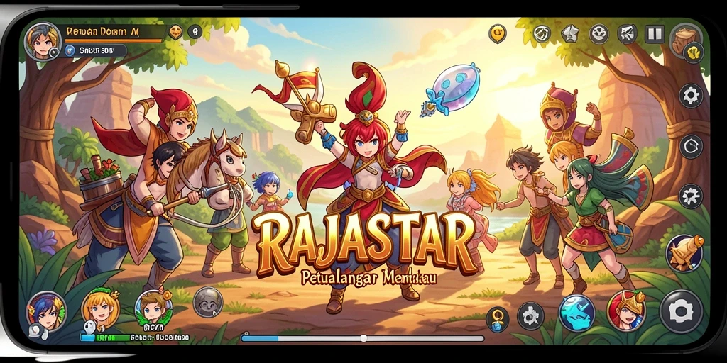 Tampilan layar permainan RAJASTAR dengan aksi seru dari karakter Anime.