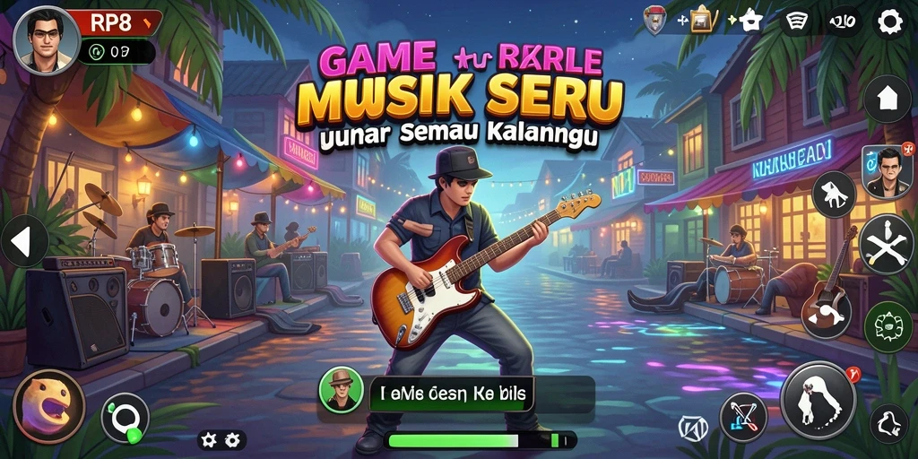 Tampilan gameplay RP8 dengan berbagai lagu dan tantangan musik.
